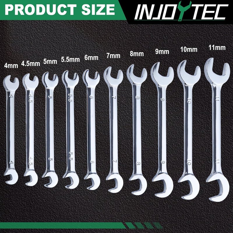 INJOYTEC Thin Open End Wrench Set Metric 10-Piece 4mm-11mm Mini Double Open End Wrench Set with Organizer Bag Premium Angle Head Open End Wrench Set Bike Wrench Set Ultra-Slim Thin Wrench Set - Image 4